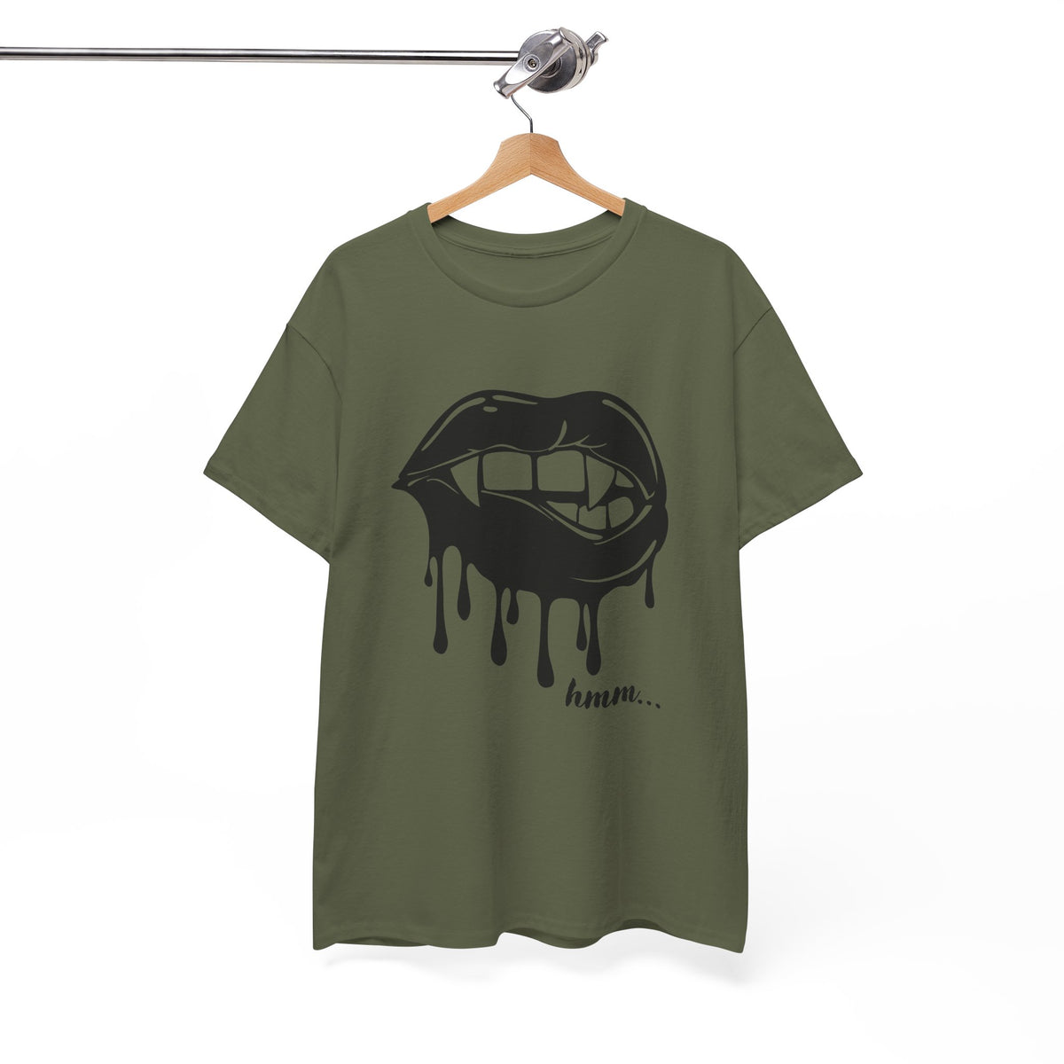 Black graphic T-shirt by Printify featuring dripping lips with 'hmm...' bite design on the front.