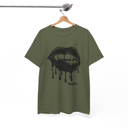Black graphic T-shirt by Printify featuring dripping lips with 'hmm...' bite design on the front.