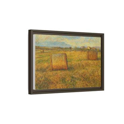 Rustic hayfield landscape print on framed matte canvas wall art by Printify, showcasing a serene rural scene.