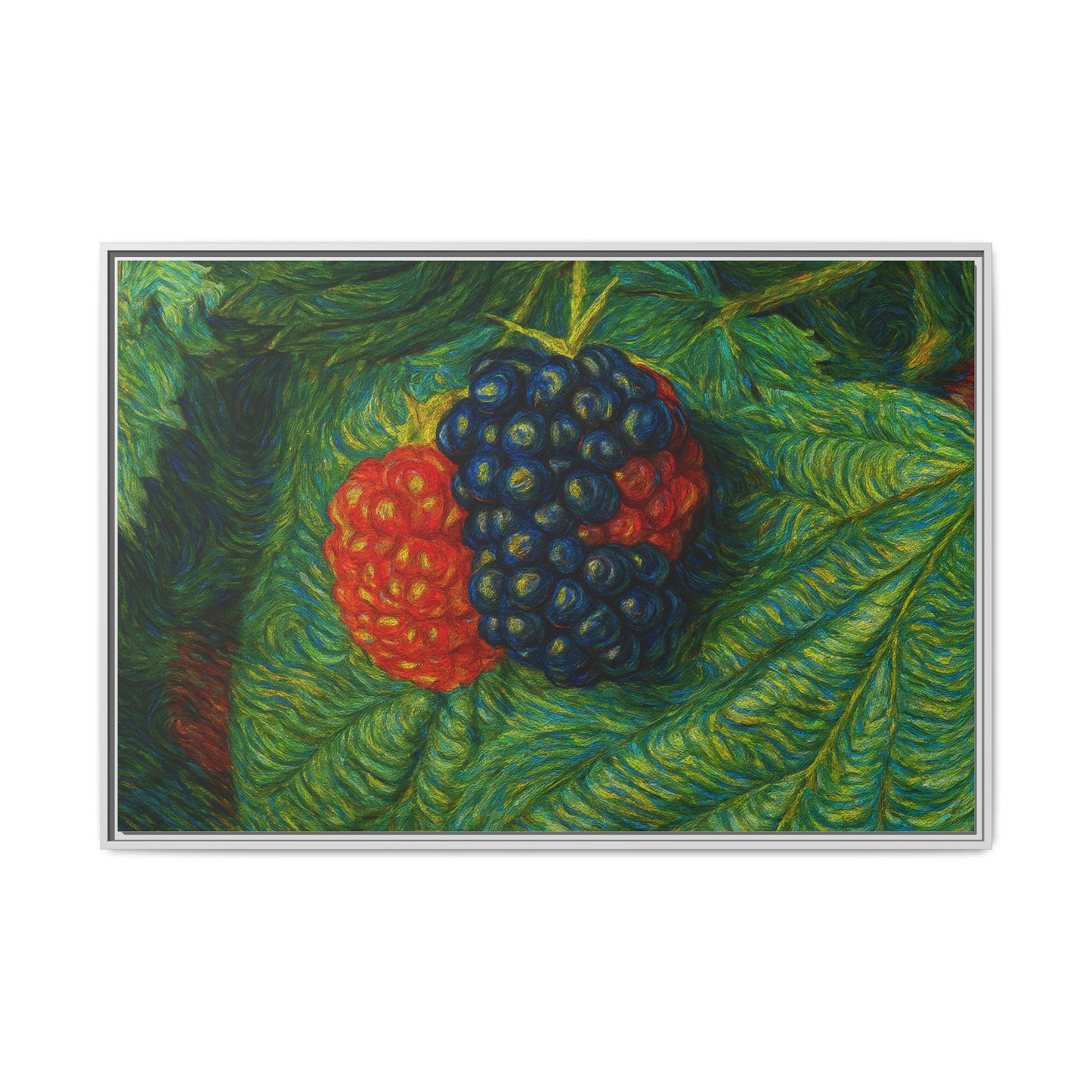 Blackberry still life framed canvas print by Printify showcasing a detailed, vibrant image of blackberries in a natural setting.