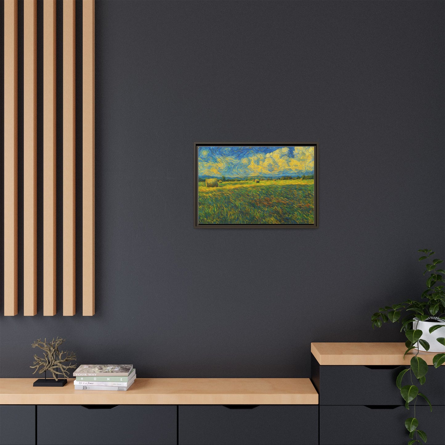 Framed landscape matte canvas print with vibrant multi-color design by Printify, showcasing a scenic natural landscape.