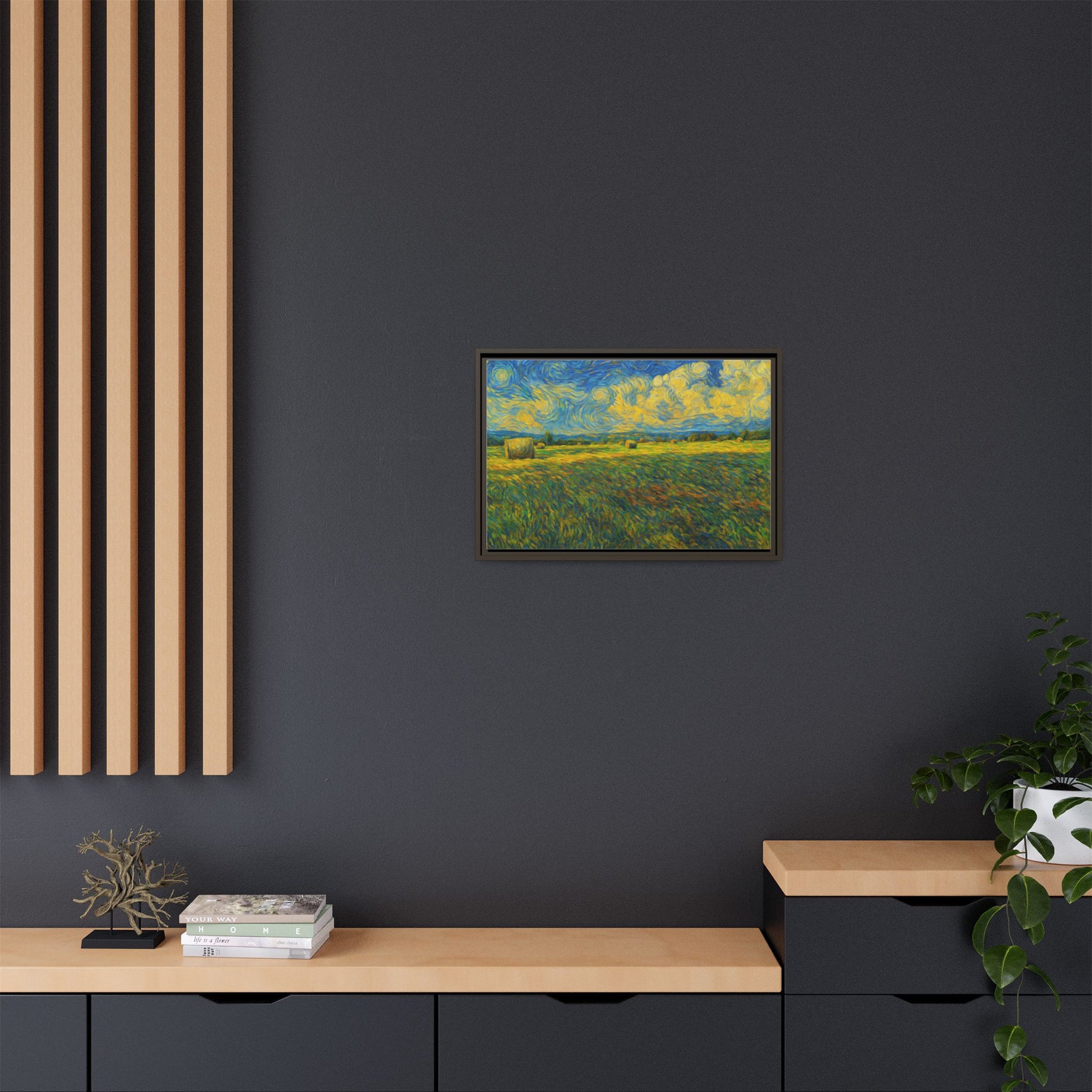 Framed landscape matte canvas print with vibrant multi-color design by Printify, showcasing a scenic natural landscape.