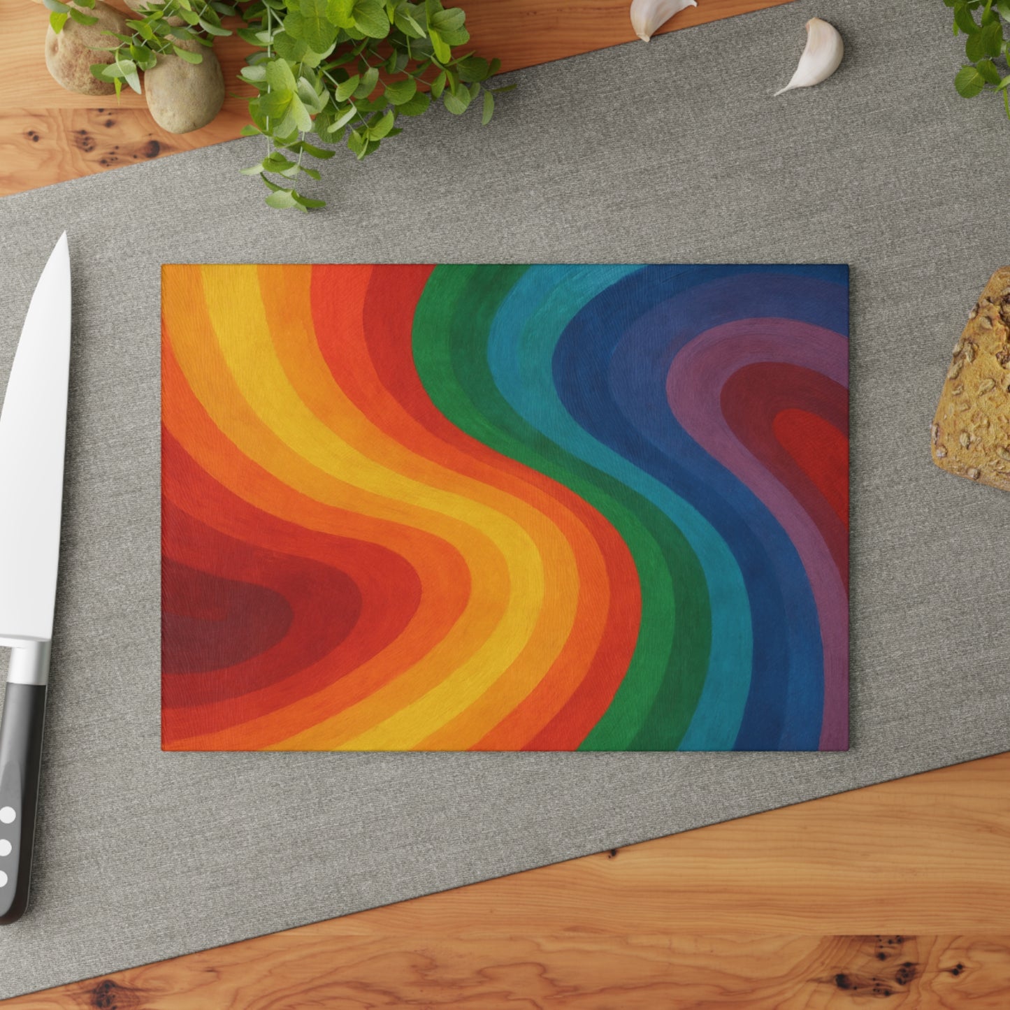 Glass Cutting Board — Retro Rainbow Wave Tempered Glass Chopping Board