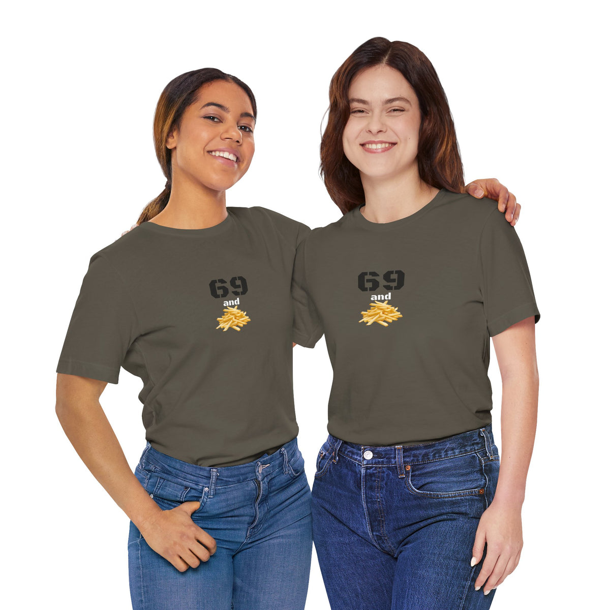 Unisex graphic T-shirt featuring funny 69 and French fries design, casual style, printed by Printify.