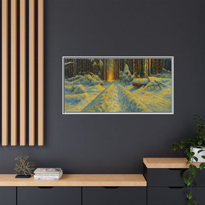 Framed matte canvas print of a snowy forest path at sunset, wall art by Printify featuring winter landscape and nature scene.