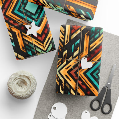 Geometric Boho Wrapping Paper Roll — Teal & Burnt Orange Tribal Pattern