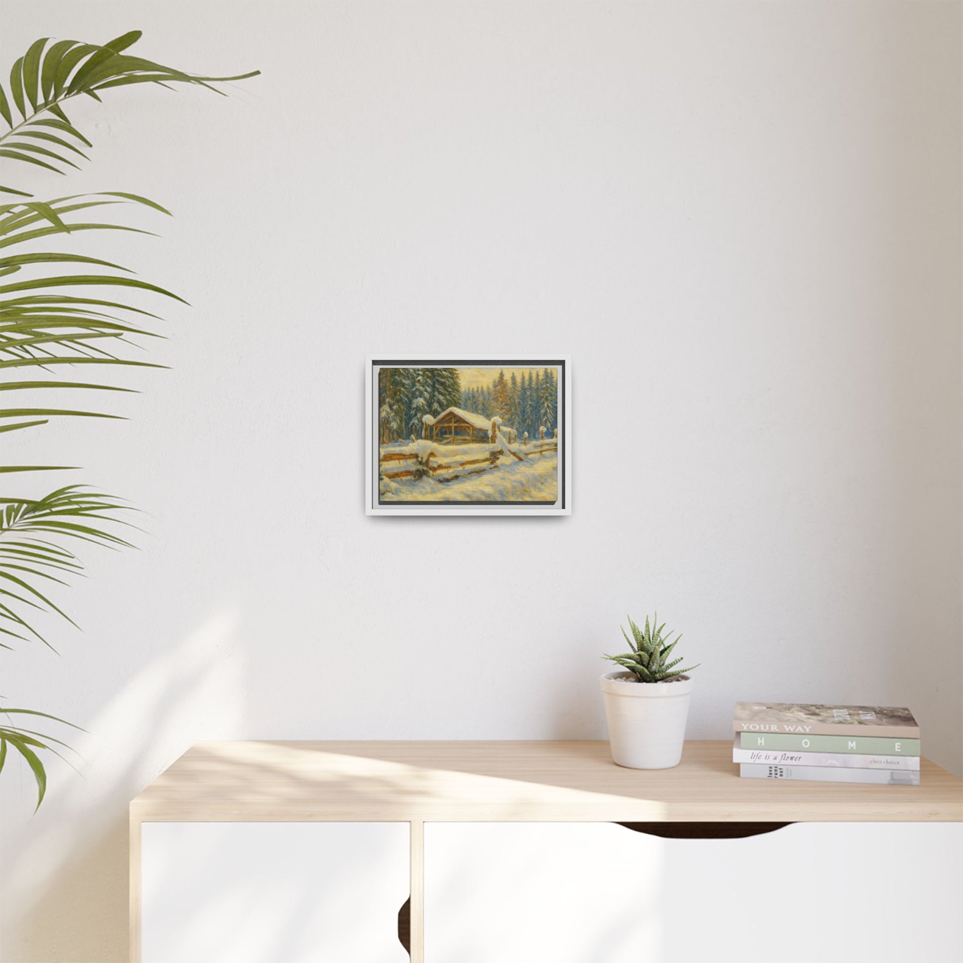 Snowy cabin winter landscape canvas wall art by Printify, featuring a matte framed scenic painting of a snowy cabin scene.