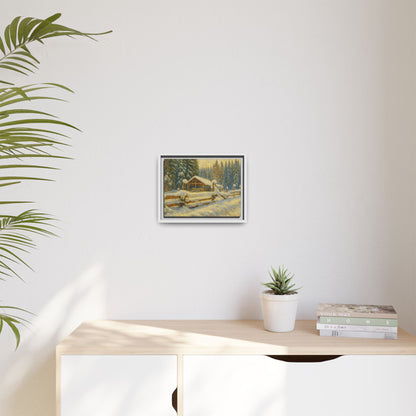 Snowy cabin winter landscape canvas wall art by Printify, featuring a matte framed scenic painting of a snowy cabin scene.