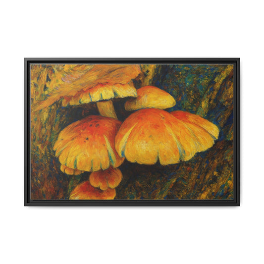 Framed matte canvas wall art featuring a golden mushroom forest print by Printify, showcasing vibrant nature-inspired artwork.