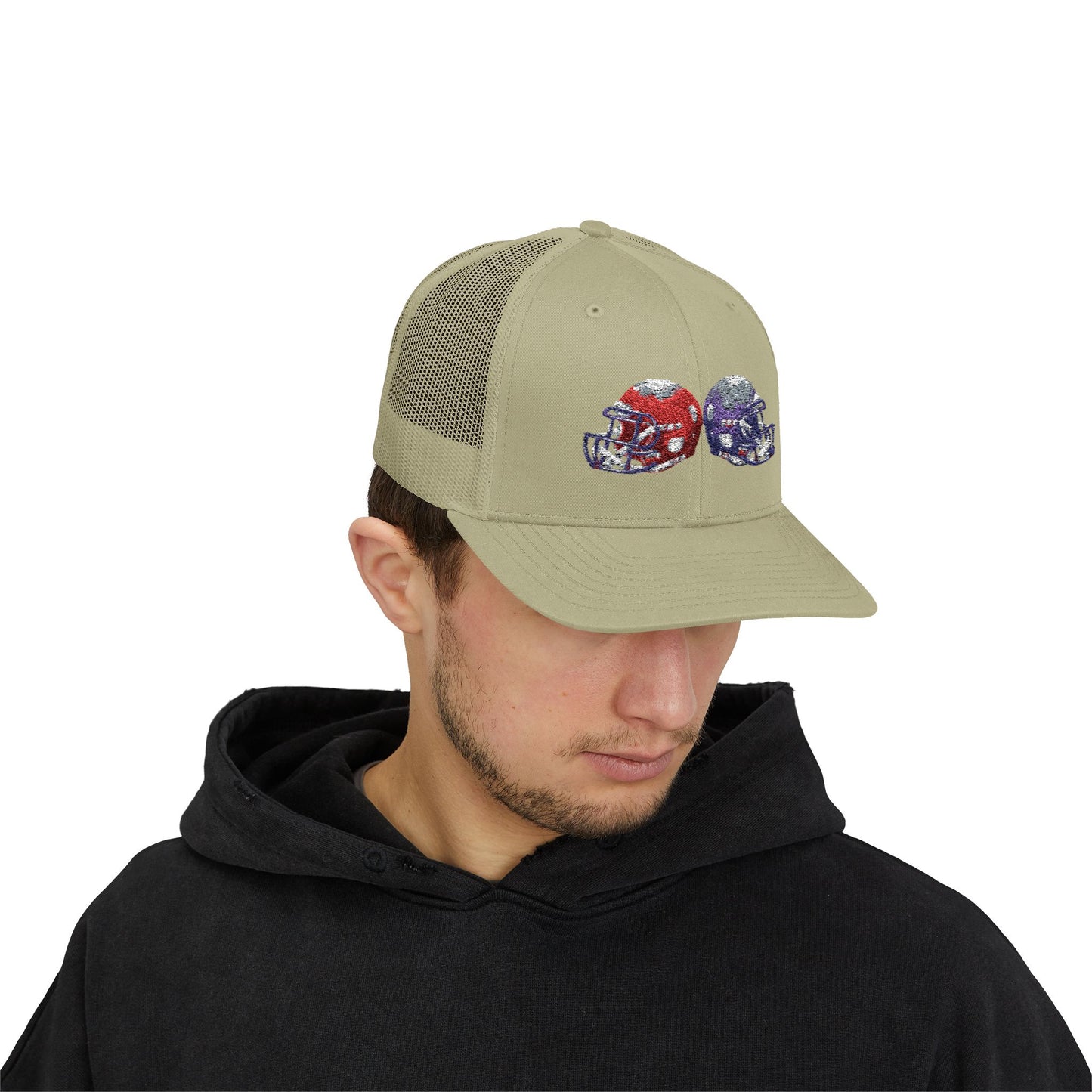 Sporty Snapback Trucker Cap with Football Helmets, Baseball Cap, Outdoor Activity Hat, Gift for Sports Fans, Team Spirit Wear - TRV