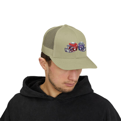 Sporty Snapback Trucker Cap with Football Helmets, Baseball Cap, Outdoor Activity Hat, Gift for Sports Fans, Team Spirit Wear - TRV