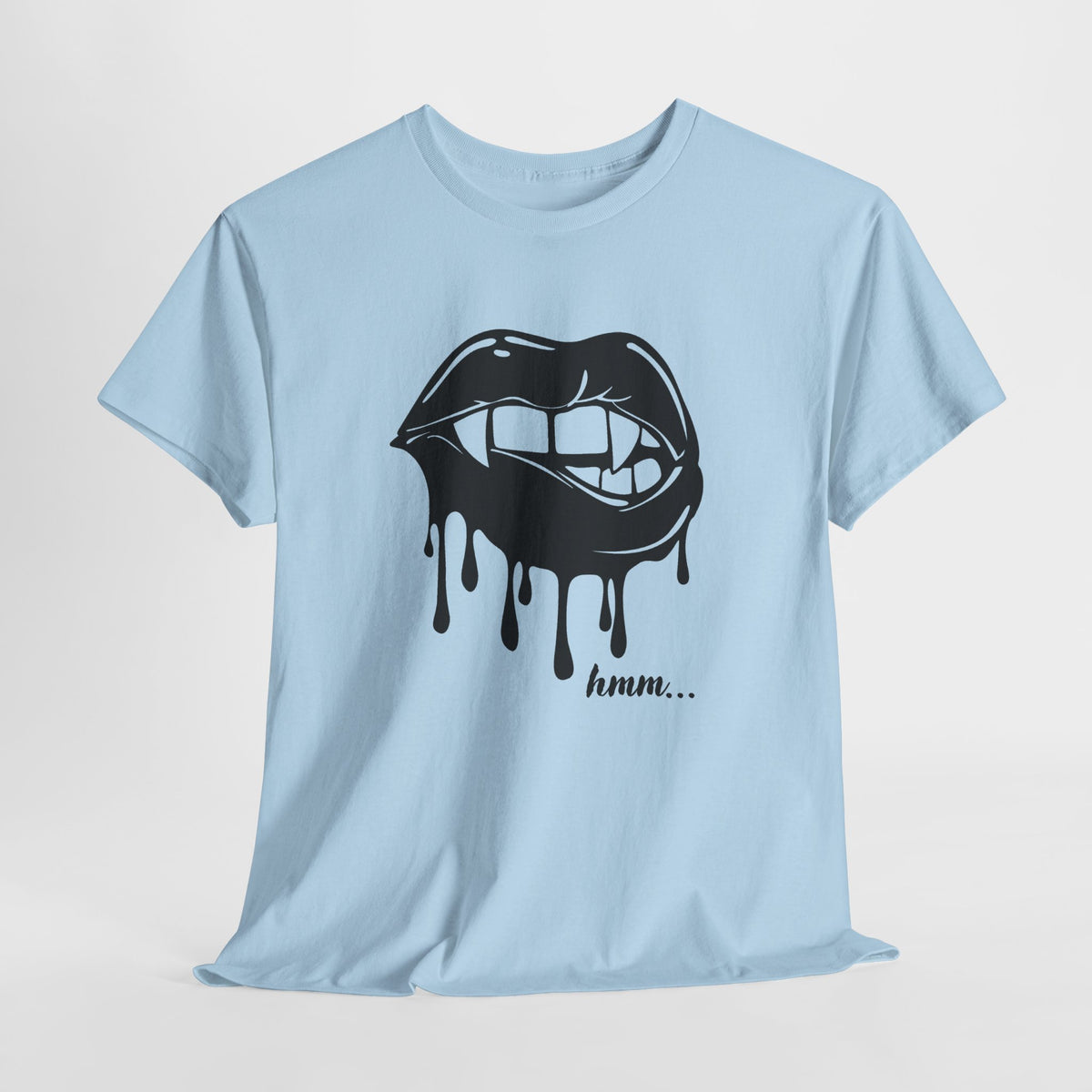 Black graphic T-shirt featuring dripping lips and "hmm..." bite design by Printify, casual streetwear style.