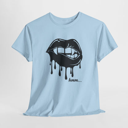 Black graphic T-shirt featuring dripping lips and "hmm..." bite design by Printify, casual streetwear style.