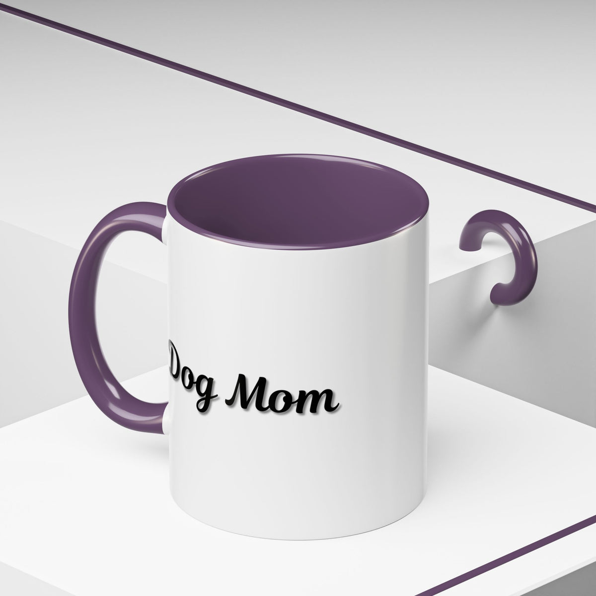 Dog Mom Accent Coffee Mug — white ceramic coffee mug with retro script "Dog Mom" print, colored interior and C-handle, 11oz/15oz, handle and interior color detail