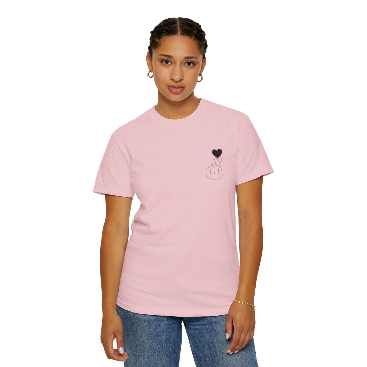 Black T-shirt with minimal white finger heart graphic, short sleeves, and crew neck from Printify's minimal heart graphic tee collection