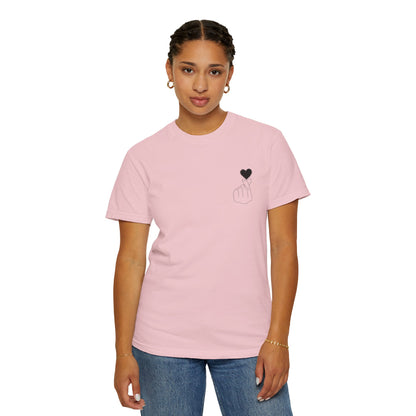 Black T-shirt with minimal white finger heart graphic, short sleeves, and crew neck from Printify's minimal heart graphic tee collection