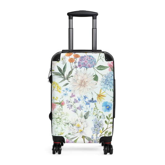 Lightweight floral watercolor suitcase with pastel garden print, carry-on luggage from Printify, showcasing colorful design and durable handle.