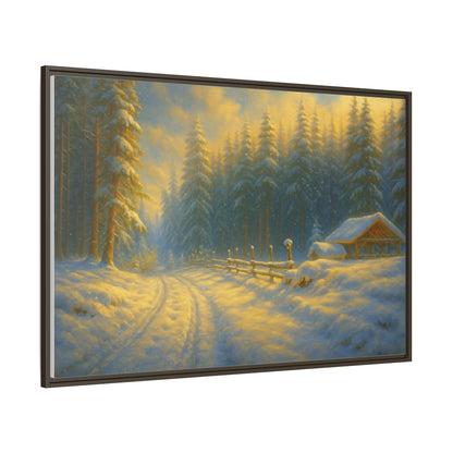 Framed winter cabin canvas print showing a snowy forest sunset, perfect for cozy wall decor in rustic or nature-inspired spaces.