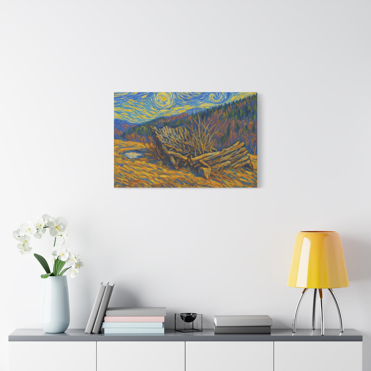 Impressionist Starry Landscape canvas print by Printify featuring a vibrant night sky scene with stars and a scenic landscape.