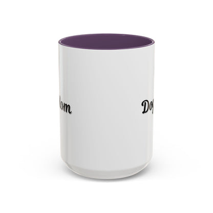 Dog Mom Accent Coffee Mug — white ceramic coffee mug with retro script "Dog Mom" print, colored interior and C-handle, 11oz/15oz, top-down view