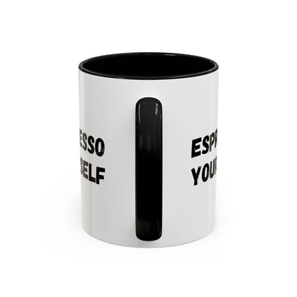 White ceramic espresso mug with "Espresso Yourself" humorous print, 11 oz, ideal for coffee lovers.