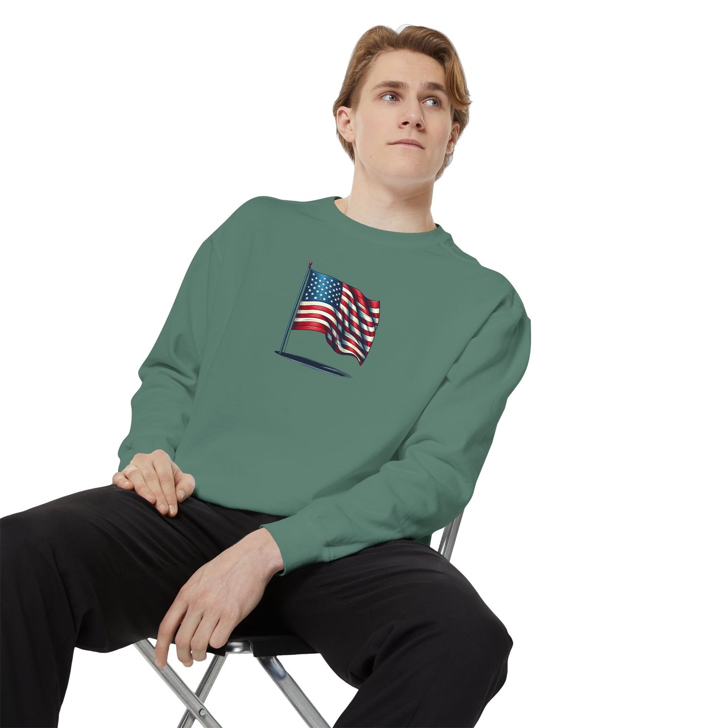 Patriotic Unisex Garment-Dyed Sweatshirt with Vintage American Flag, Cozy Fall Outfit, Statement Sweater, Gift for Veterans, Casual Fashion - TRV