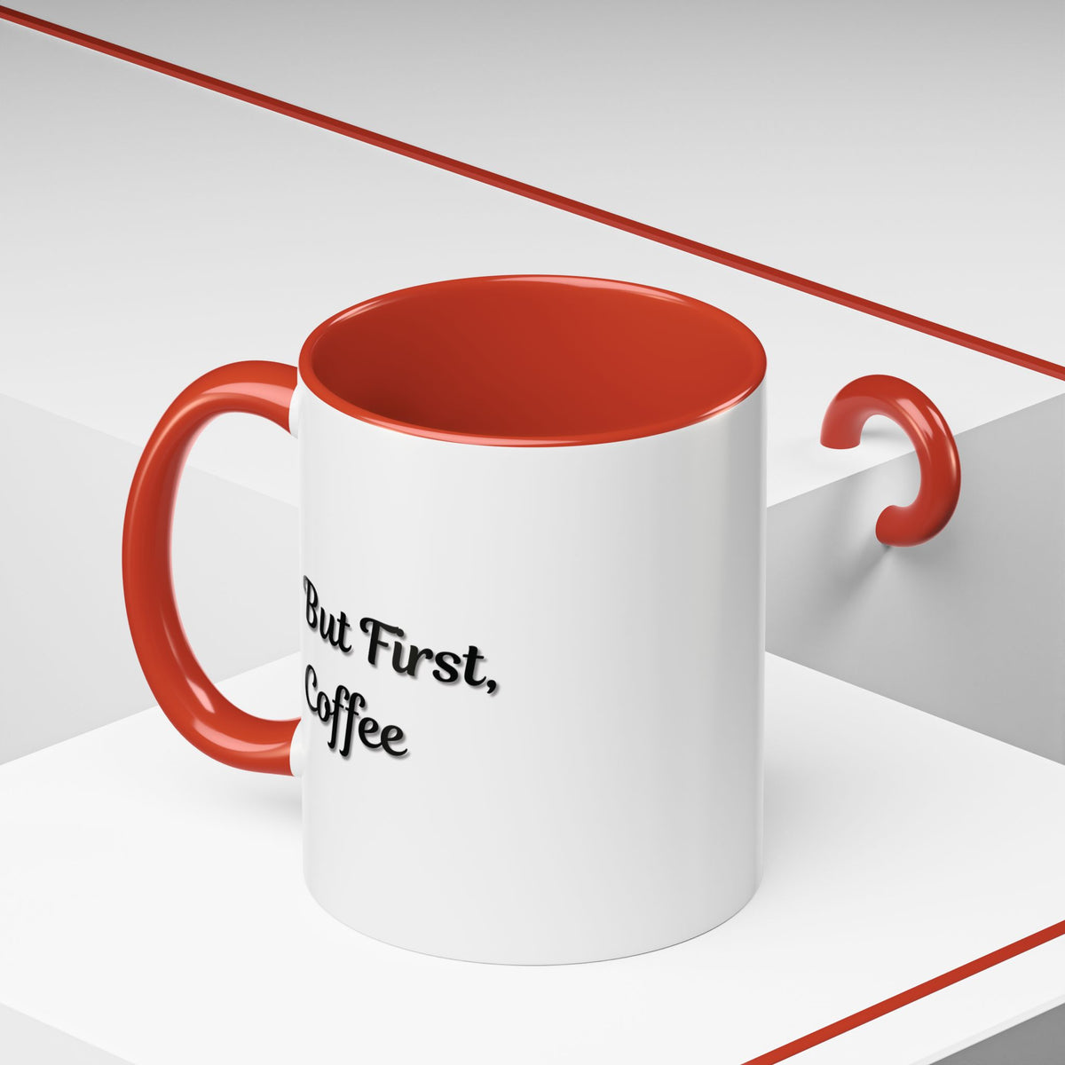 Black handle and rim coffee mug featuring "But First Coffee" text, 11oz or 15oz size, by Printify.