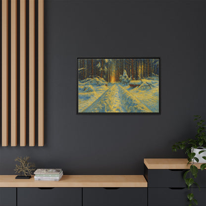 Framed matte canvas print of a snowy forest path at sunset, wall art by Printify showcasing winter landscape and nature scene.
