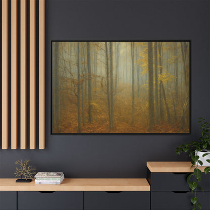 Framed matte canvas wall art depicting a misty autumn forest with vibrant fall colors and detailed tree imagery.