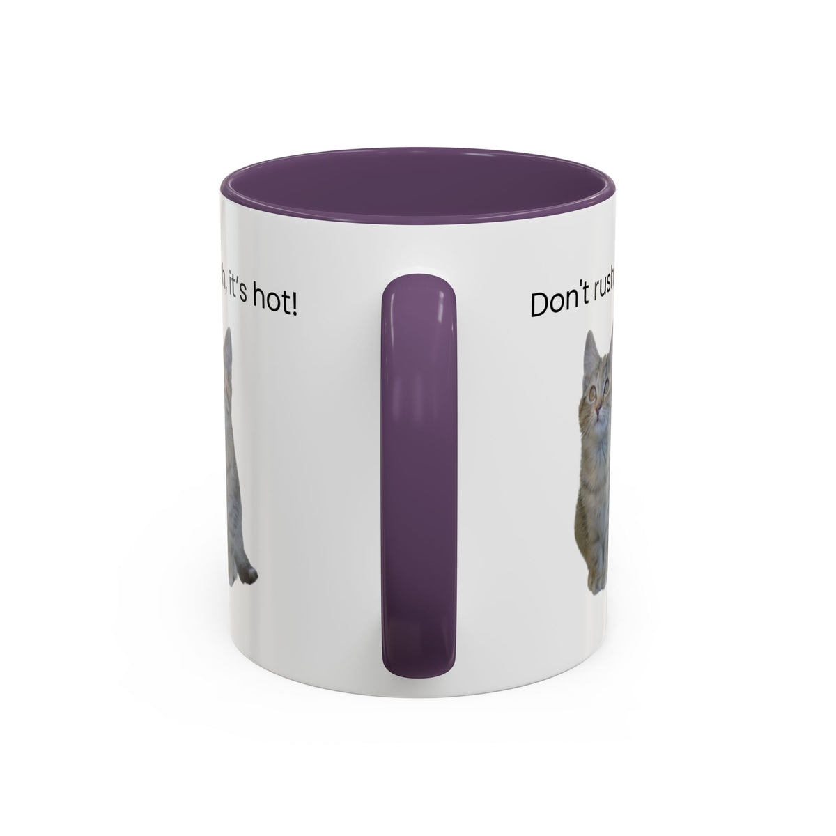 Ceramic cat coffee mug with "Don't rush, it's hot!" slogan, 11 oz, featuring a playful cat design and vibrant colors.