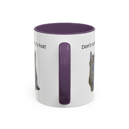 Ceramic cat coffee mug with "Don't rush, it's hot!" slogan, 11 oz, featuring a playful cat design and vibrant colors.