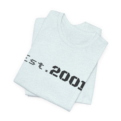 Retro minimalist Est. 2001 graphic T-shirt by Printify, featuring clean design and birth year text on a casual tee.