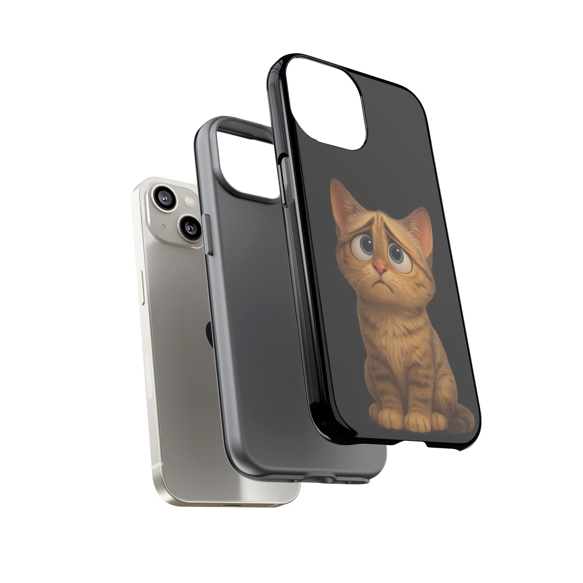 Cute sad kitty print phone case for iPhone, protective design by Printify featuring a sad kitty illustration.
