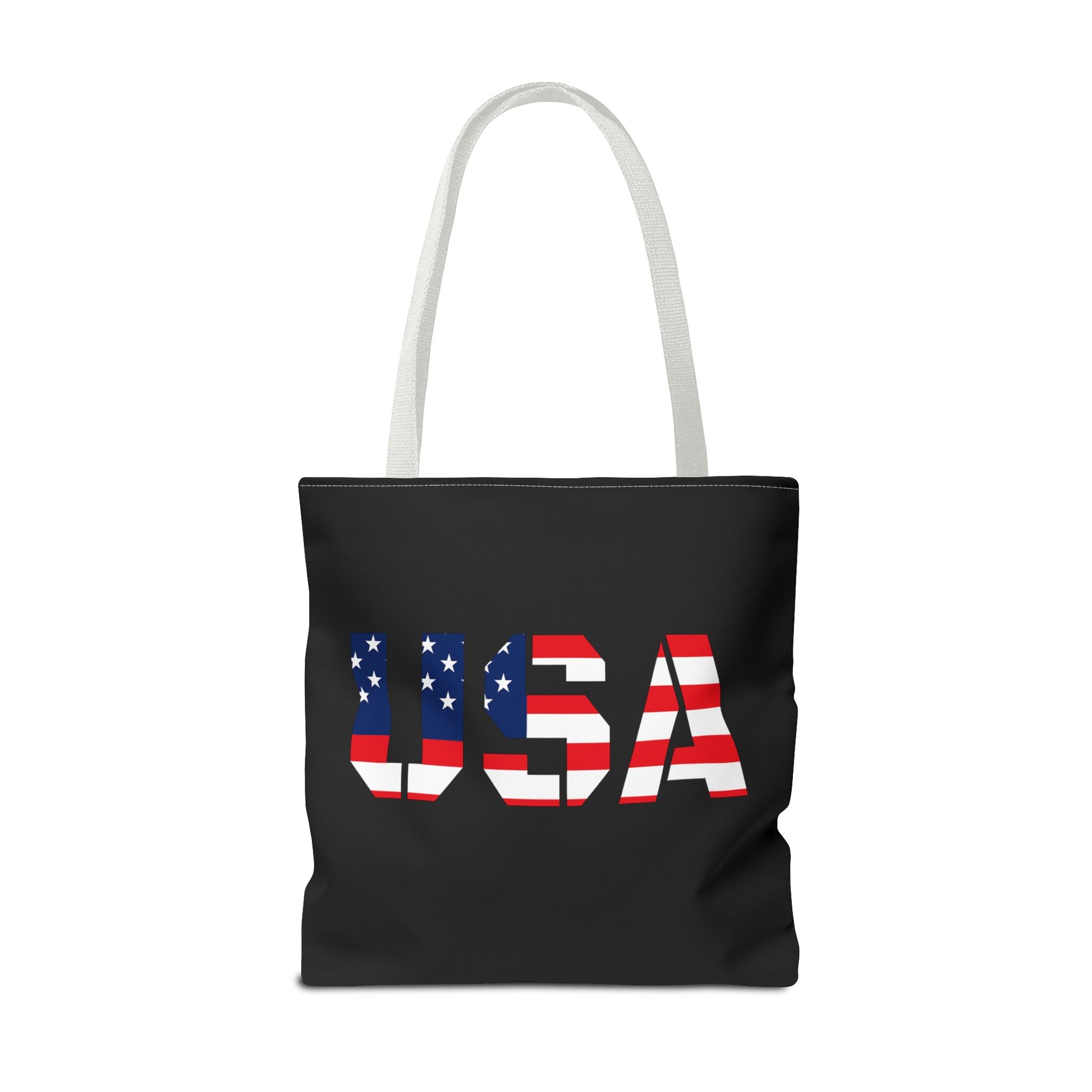 Patriotic USA flag tote bag by Printify, reusable summer carryall perfect for 4th of July celebrations and outdoor outings.