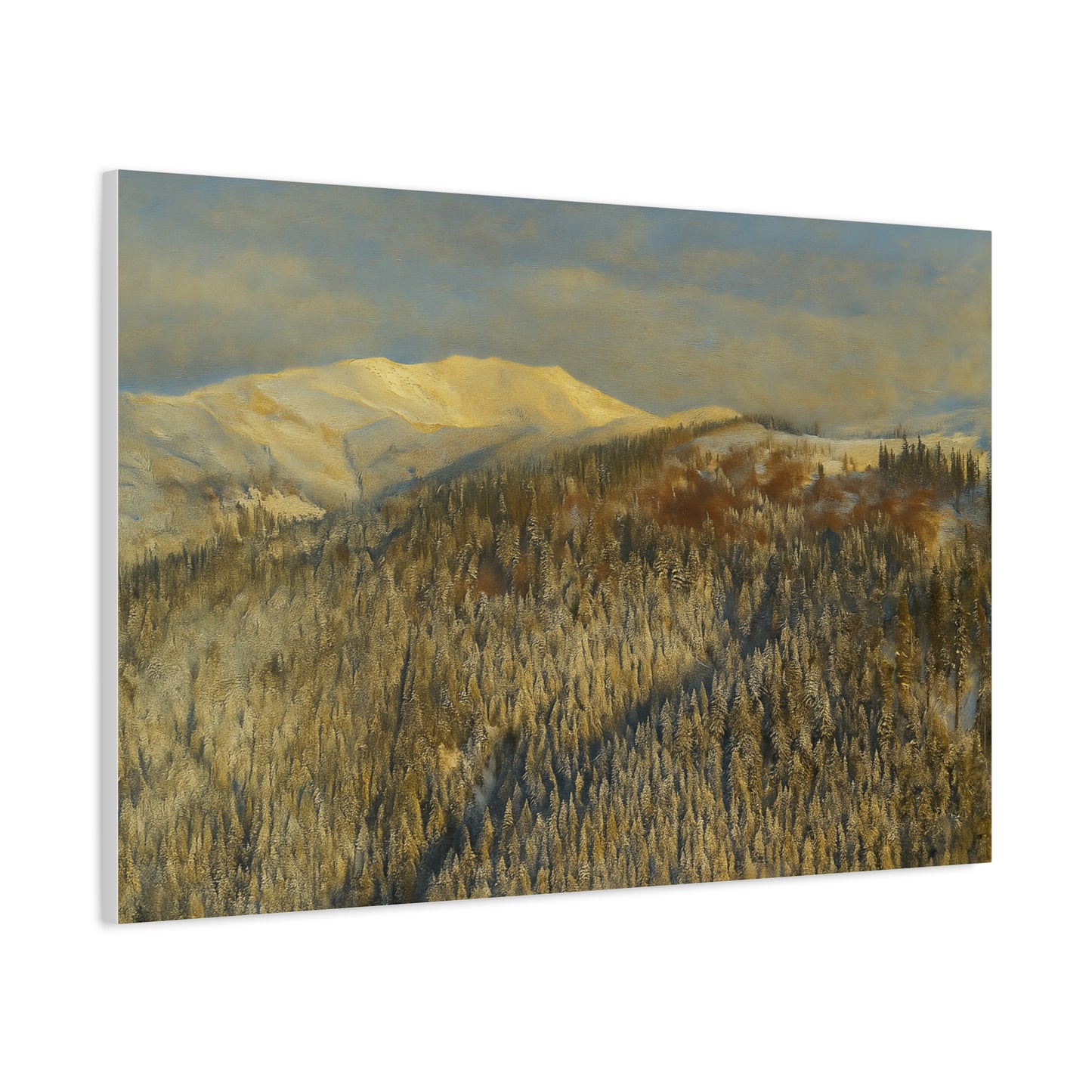 Winter mountain landscape matte canvas print by Printify, stretched 1.25 inches, featuring snowy peaks and scenic mountain views.