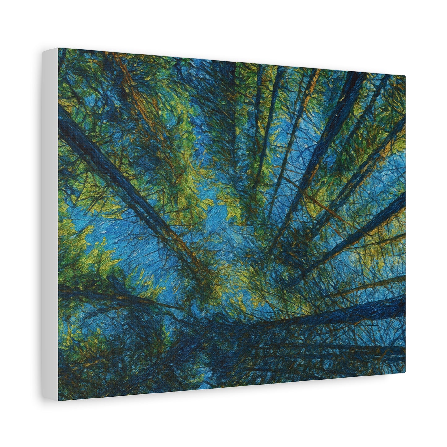 Forest Canopy Matte Canvas Wall Art — Upward View of Trees, Blue & Green Nature Print