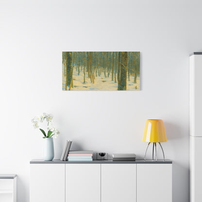 Snowy winter forest canvas print by Printify, featuring a matte finish and detailed winter landscape artwork.
