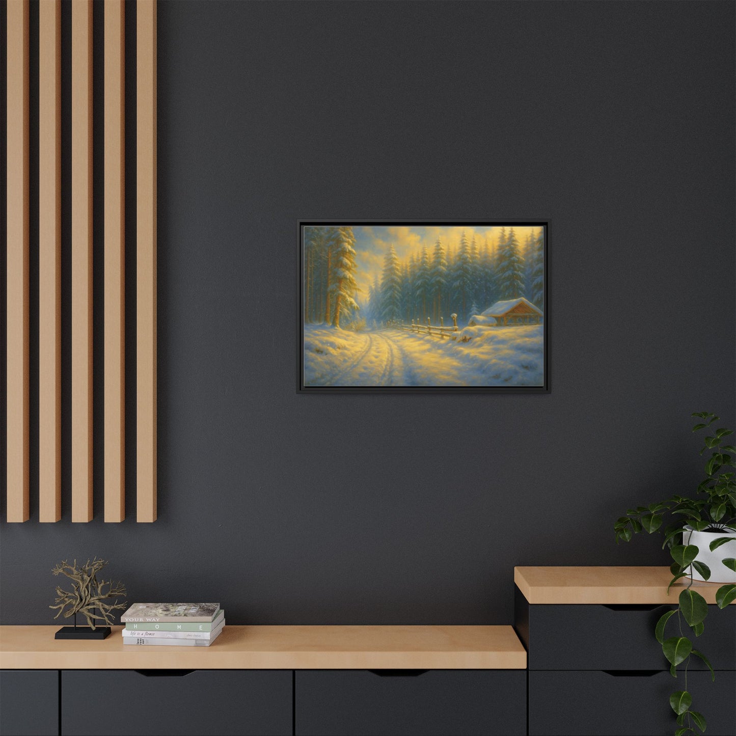 Framed winter cabin canvas print featuring a snowy forest sunset, wall art by Printify capturing a peaceful winter scene.
