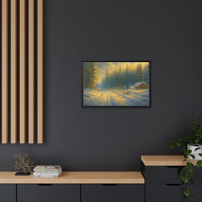 Framed winter cabin canvas print featuring a snowy forest sunset, wall art by Printify capturing a peaceful winter scene.