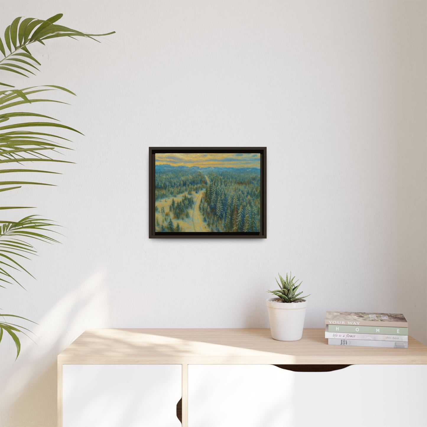Framed matte canvas print of a serene winter forest landscape, showcasing snow-covered trees and peaceful nature scene.