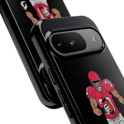 Black football player tough phone case for iPhone, durable protective sports-themed case by Printify, featuring a football player design.