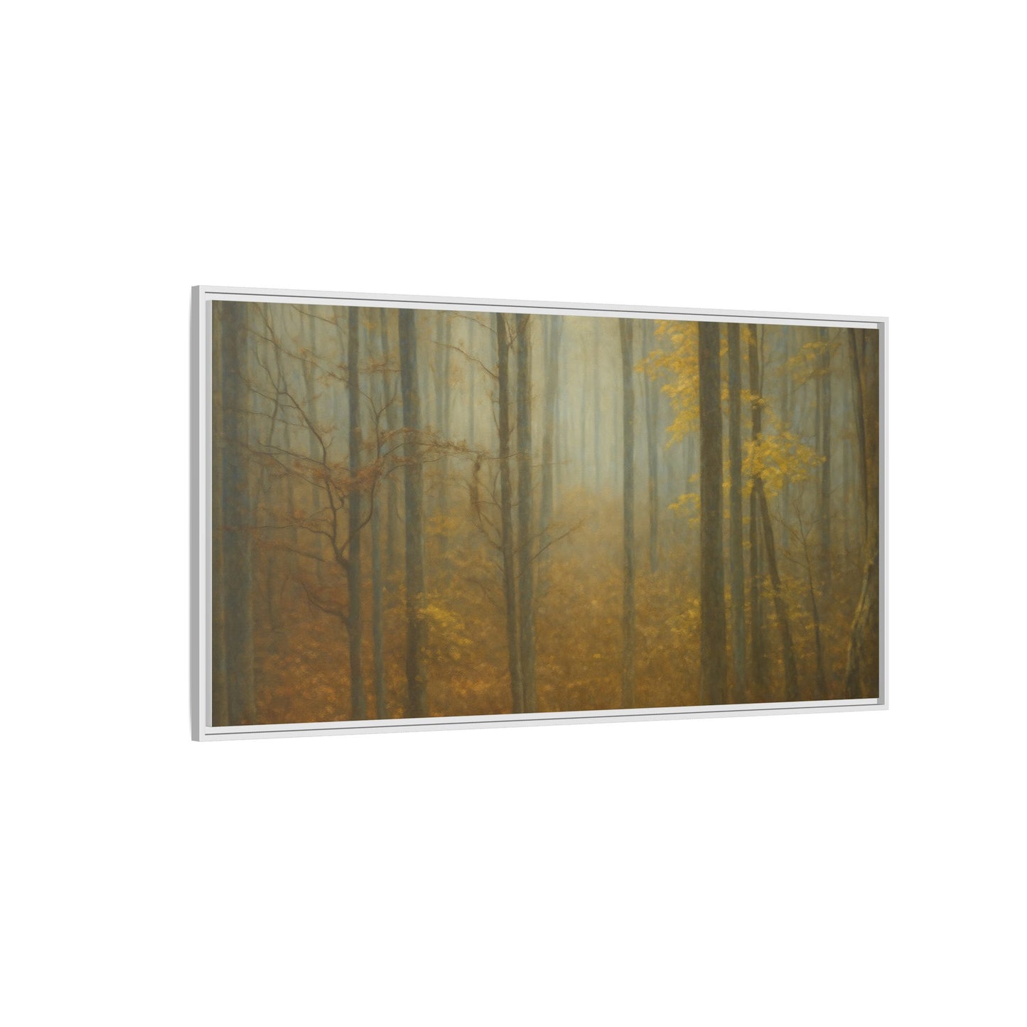 Framed matte canvas wall art of a misty autumn forest scene, featuring vibrant fall colors and detailed trees.