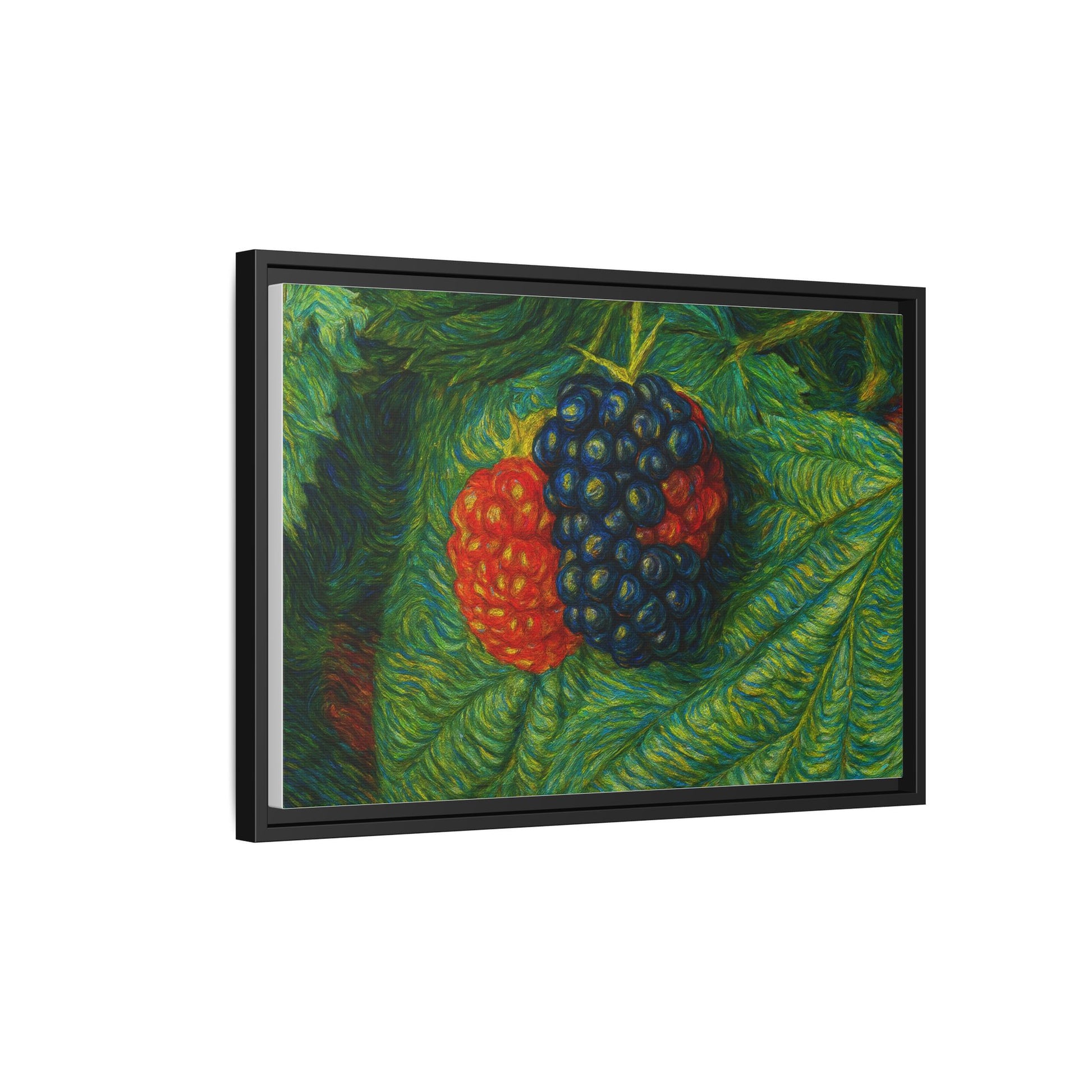 Blackberry still life canvas print by Printify featuring a detailed, vibrant depiction of ripe blackberries in a natural setting.