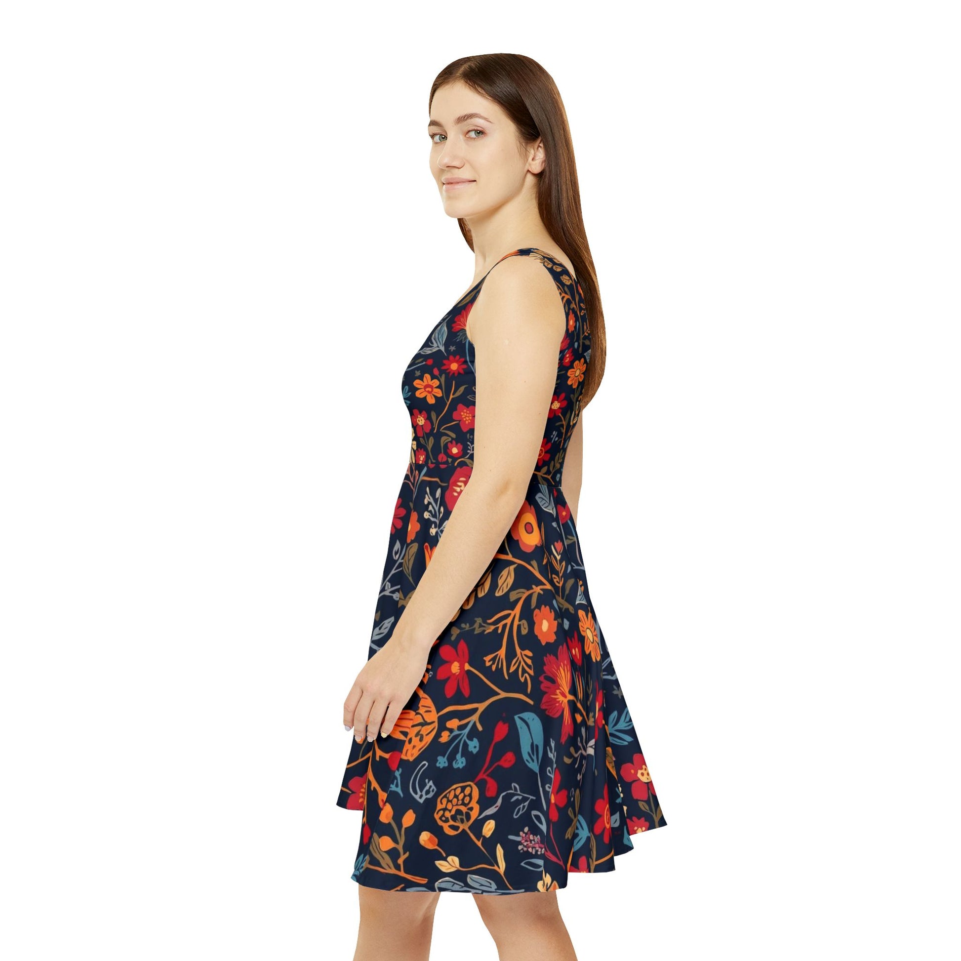 Floral Night Garden skater dress with all-over floral print by Printify, featuring a fitted waist and flared skirt.