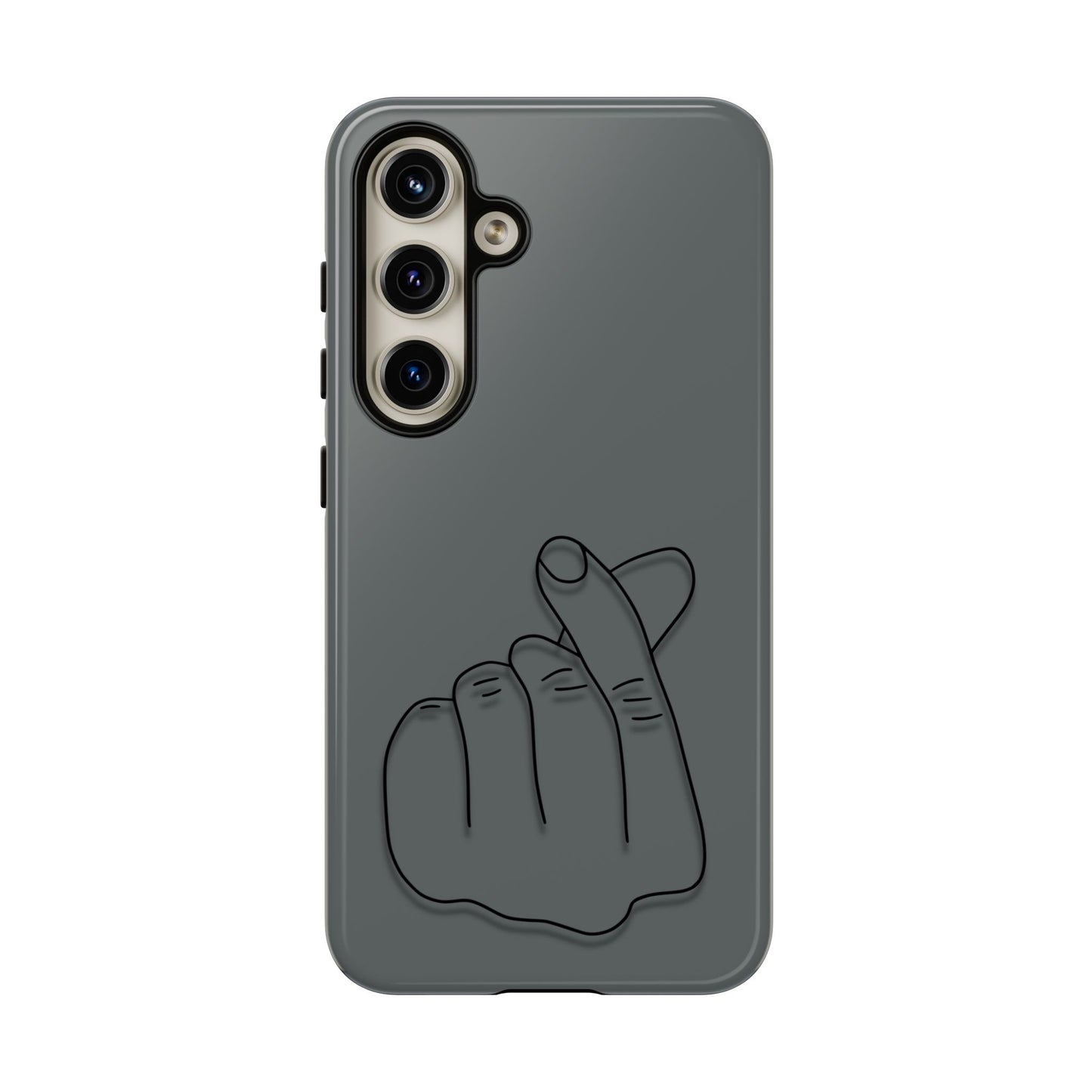 Silicone phone case with embossed Korean finger heart design, compatible with various smartphones, by Printify.