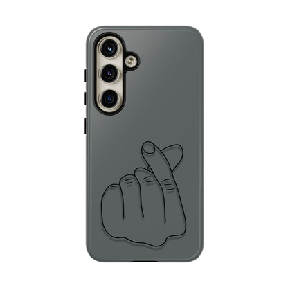 Silicone phone case with embossed Korean finger heart design, compatible with various smartphones, by Printify.