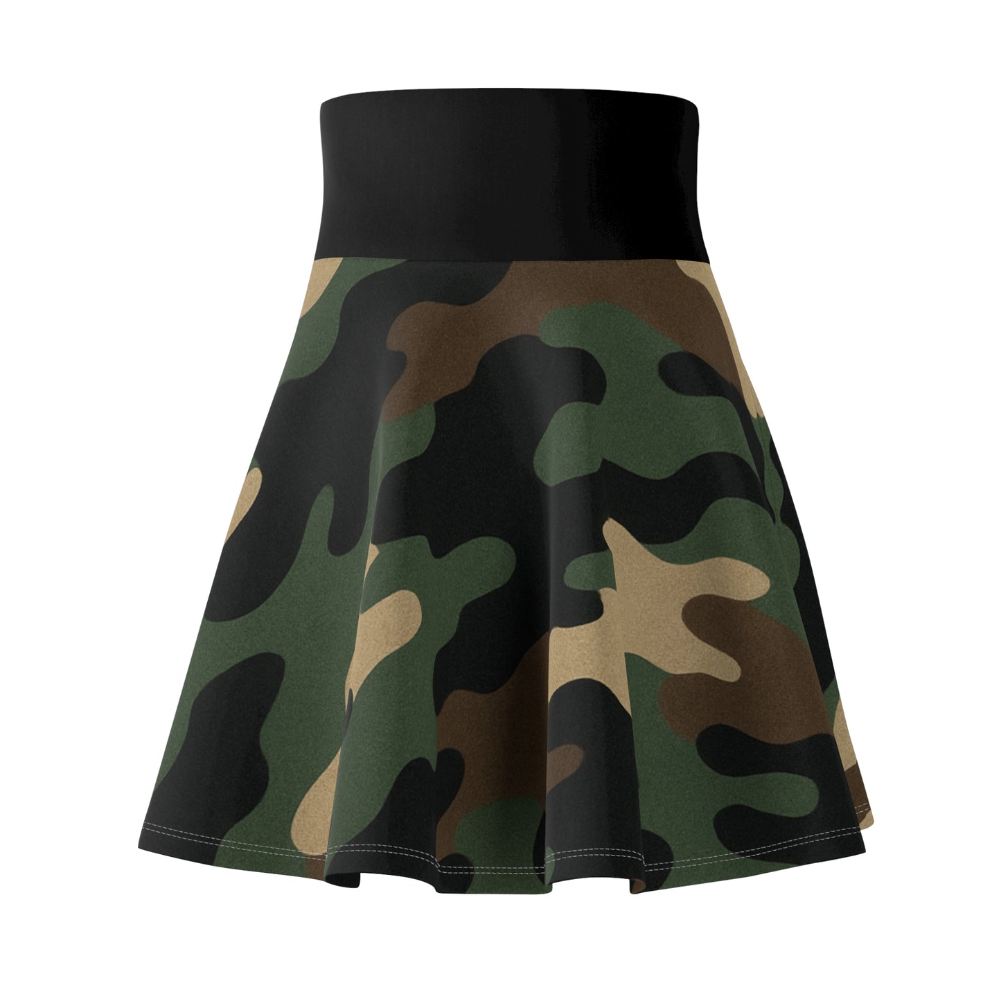 All-over print camo skater skirt by Printify, casual style perfect for parties and festivals, shown in a vibrant camouflage pattern.