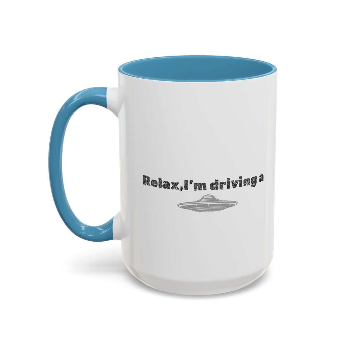 Ceramic coffee mug with UFO accent and "Relax, I’m Driving" text, 11 oz size, by Printify, shown with a white background.