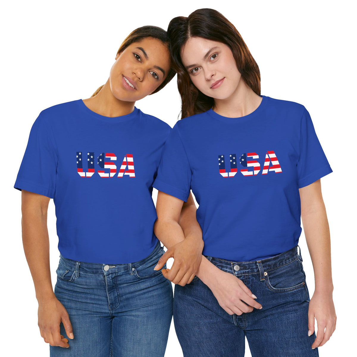 USA Flag Text T-shirt by Printify featuring patriotic red, white, and blue colors for Fourth of July celebrations.