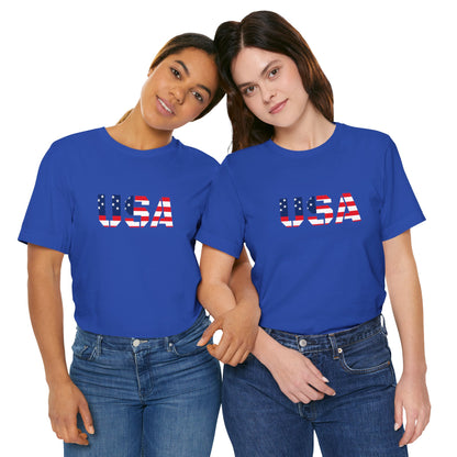 USA Flag Text T-shirt by Printify featuring patriotic red, white, and blue colors for Fourth of July celebrations.